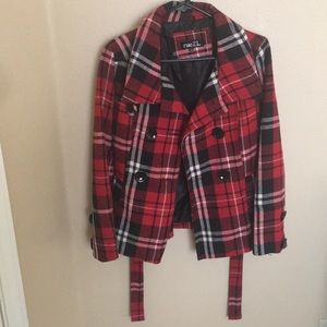 Black and red plaid pea coat